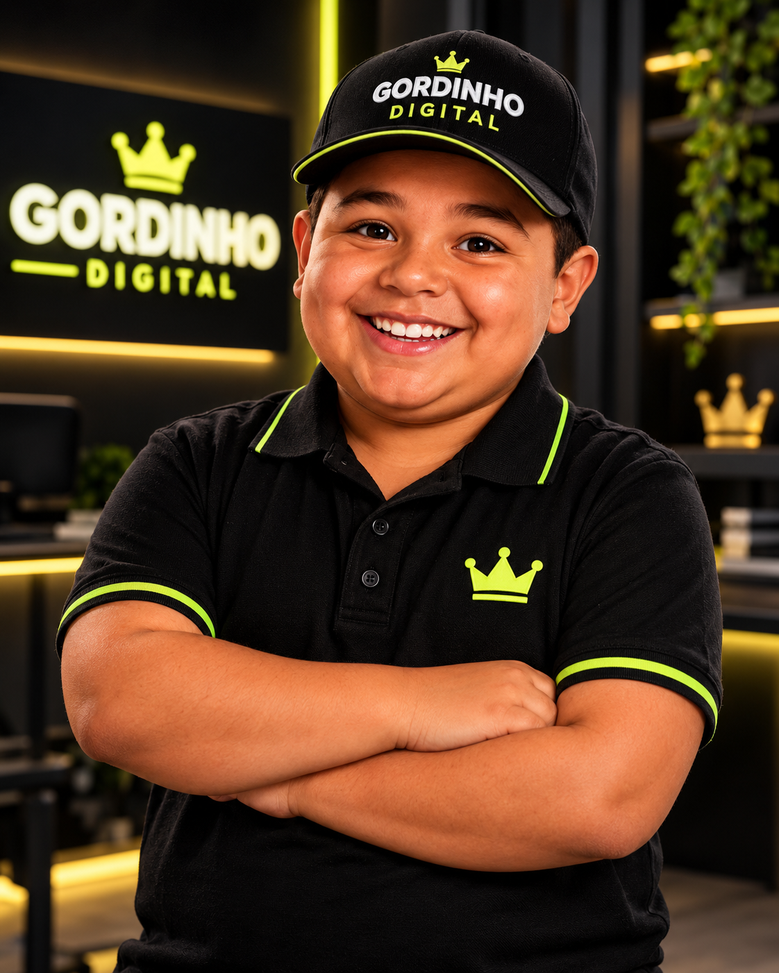 Mascote oficial do Grupo Gordinho de braços cruzados, com polo e boné pretos e a coroa verde-limão